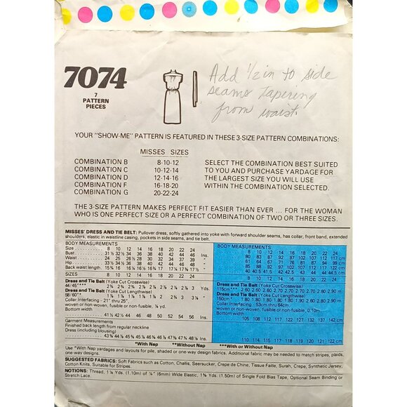 McCalls 7074 Vintage Sewing Pattern Misses Dress Sizes 10-12-14 - Picture 2 of 2